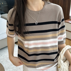 2024夏季新款100%纯棉背心女士条纹宽松显瘦拼色针织百搭t恤上衣图片