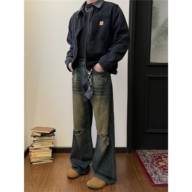 黑色夹克男款春秋季潮牌美式复古cleanfit哈灵顿翻领工装短款外套,男装牛仔裤,星座302B