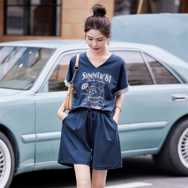 休闲运动套装女夏2025新款韩版宽松显瘦时尚印花短袖短裤两件套潮,女装套装/套裙,凯瑟曼