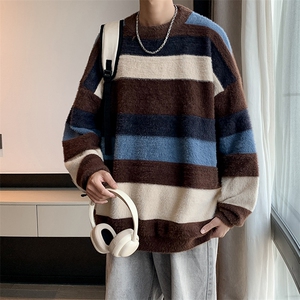 B313P55秋冬季拼色圆领毛衣男美式复古潮牌宽松冬装毛衣图片