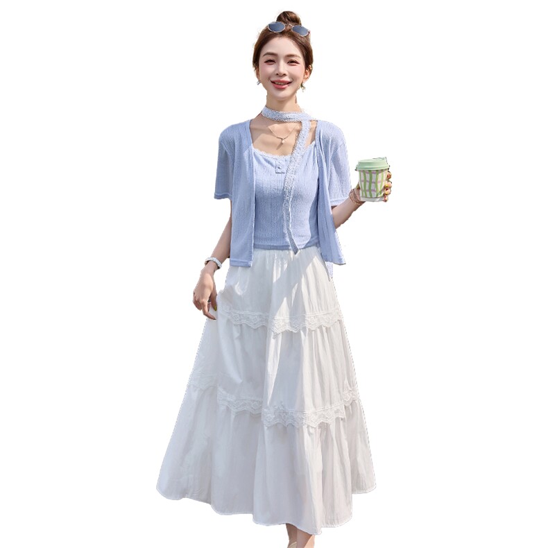 官方时尚套装女2025年夏季新款吊带开衫白色半身裙三件套,女装套装/套裙,韩美纤衣