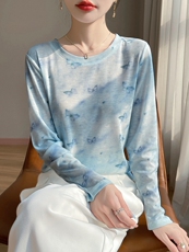 花色圆领新款针织女长袖简约百搭宽松套头上衣，女装针织衫/毛衣，绒宛羊绒
