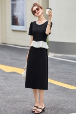 赫本风重工钉珠连衣裙女2025黑色拼接荷叶边气质裙子，女装连衣裙，蓝朵琳