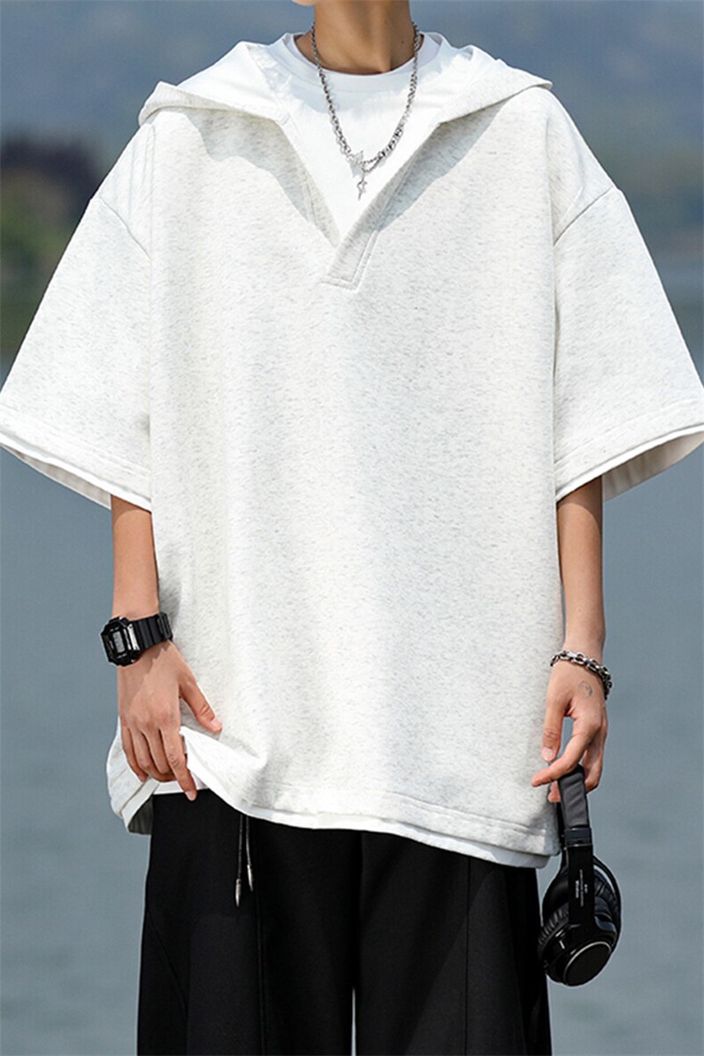8XL-M假两件短袖卫衣连帽t恤男夏季薄款宽松大码学生半袖DT007P48,男装T恤,电商B312