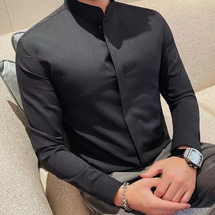 立领衬衫男士长袖2025新款新中式风男装高级感中山装白衬衣男款,男装衬衫,电商B212（原钱塘6029）