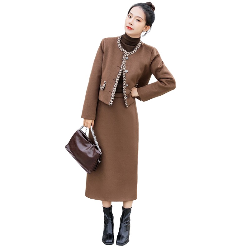 欧货羽绒服小香风短外套气质半身裙两件套女冬毛呢半身裙套装,女装套装/套裙,曼娅璐