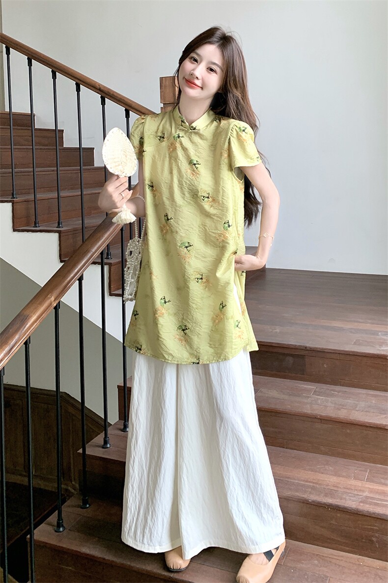 复古黄色碎花套装女夏季2025新款慵懒风日系上衣宽松阔腿裤两件套,女装套装/套裙,2D078