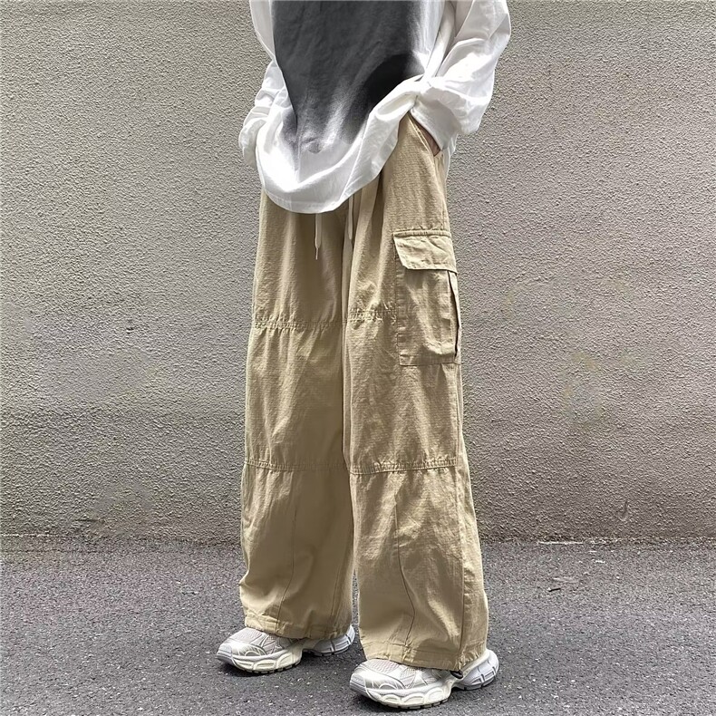 绿色工装裤日系男潮流复古慵懒风抽绳束脚阔腿裤大口袋AK956-P43,男装休闲裤,星座1109-3