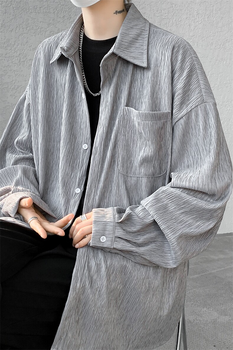 肌理感长袖衬衫男春秋季2024新款美式潮流设计感宽松大码纯色衬衣,男装衬衫,电商A059