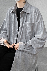肌理感长袖衬衫男春秋季2024新款美式潮流设计感宽松大码纯色衬衣图片