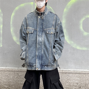 现货复古重工水洗机车风牛仔夹克男女秋季设计感中性风宽松外套潮图片