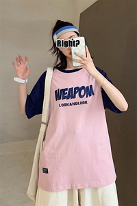 2021夏装新款 ins撞色字母印花情侣男女中性宽松班服T恤衫D70图片