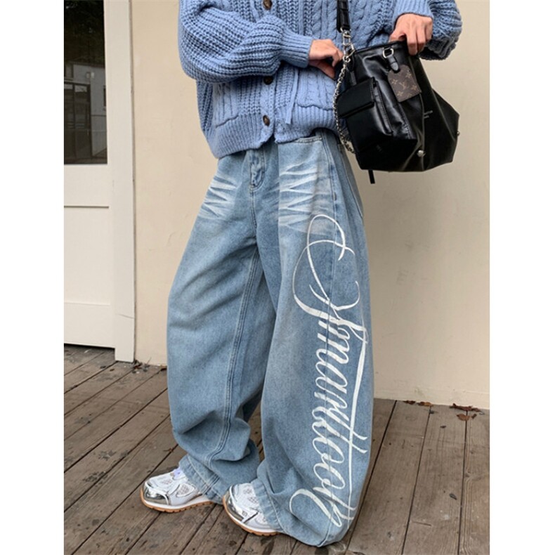 街头字母印花牛仔裤潮牌秋冬新款复古洗水阔腿弯刀裤子NH1，男装牛仔裤，星座1116A（原606A-3）