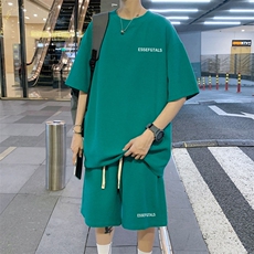 华夫格休闲时尚套装男夏季白色潮牌两件套青少年男生T恤运动短裤，男装T恤，电商B220