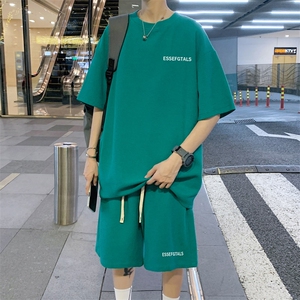 华夫格休闲时尚套装男夏季白色潮牌两件套青少年男生T恤运动短裤图片