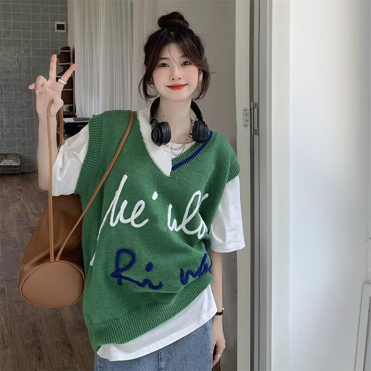 美式线条字母针织马甲女2025春秋季新款宽松韩版外穿马夹无袖上衣,男装背心/马甲,星座1210-1