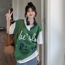 美式线条字母针织马甲女2025春秋季新款宽松韩版外穿马夹无袖上衣，男装背心/马甲，星座1210-1