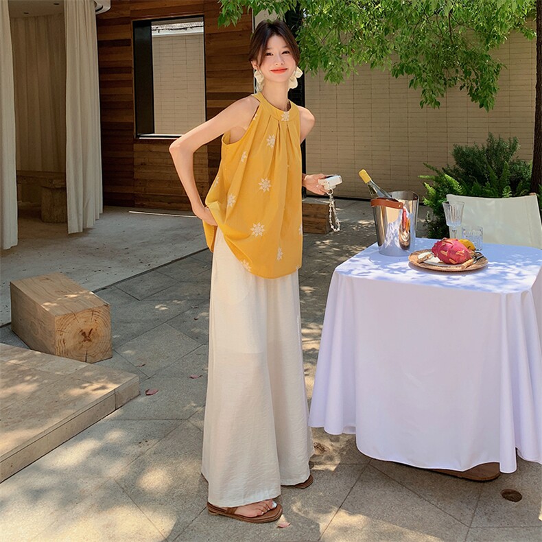 现货2D078-T2044-P155K238刺绣黄色上衣+阔腿山本裤子显白青春,女装套装/套裙,2D078