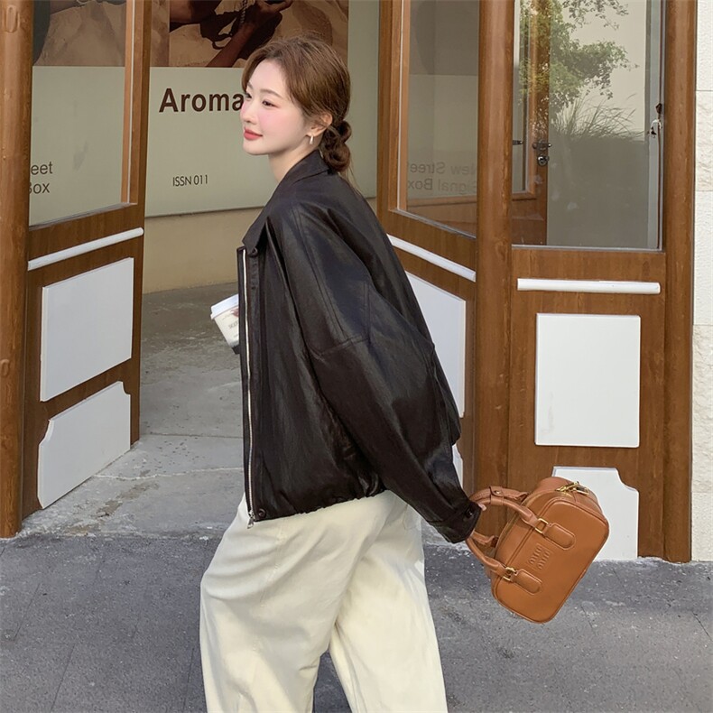 气质短款咖色皮衣外套女春秋2025新款小个子甜酷风PU夹克百搭爆款,女装皮衣,2C050