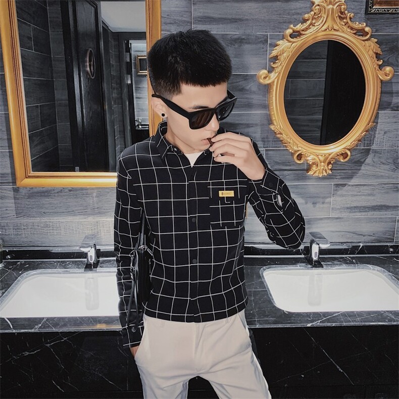 秋季格子弹力长袖衬衫社会小伙百搭潮男帅气衬衣C301B-CS10特，男装衬衫，电商C301B