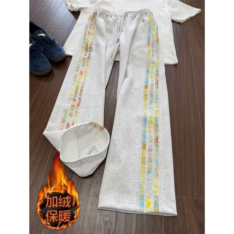 潮彩色花卉三道杠灰色加绒卫裤男秋季高个子青少年篮球运动裤子,男装休闲裤,星座310B-2