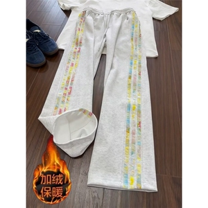 潮彩色花卉三道杠灰色加绒卫裤男秋季高个子青少年篮球运动裤子图片