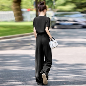 时尚休闲工装套装女2024年夏季新款气质V领衬衫上衣阔腿裤两件套图片