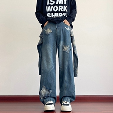 美式星星贴布侧边拉链牛仔裤男春夏季设计感高腰宽松阔腿直筒裤子，男装牛仔裤，星座601-1