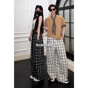 9039黑白格纹显高显瘦百搭大码阔腿裤男女新款宽松休闲风格子裤图片