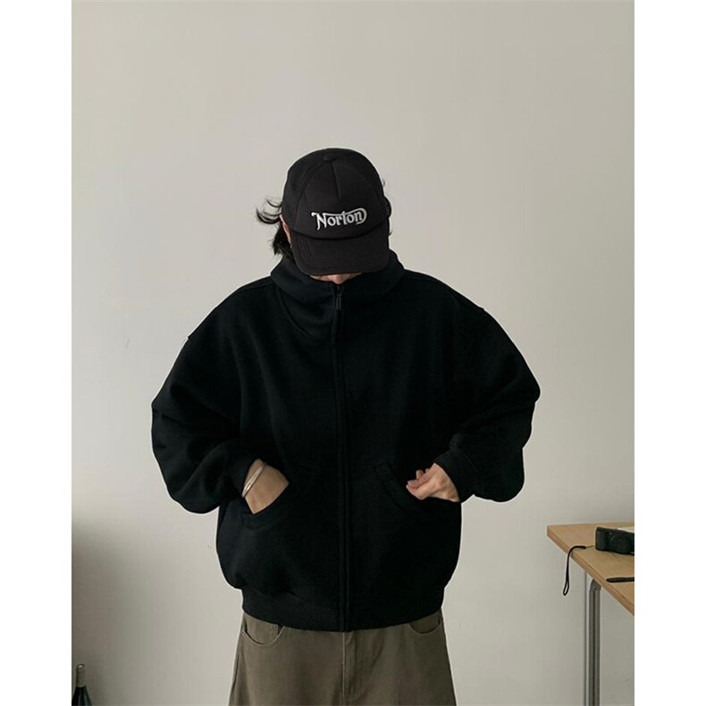 抖音得物高品质 26春装美式高街重磅宽松结构高领连帽卫衣外套W60图片