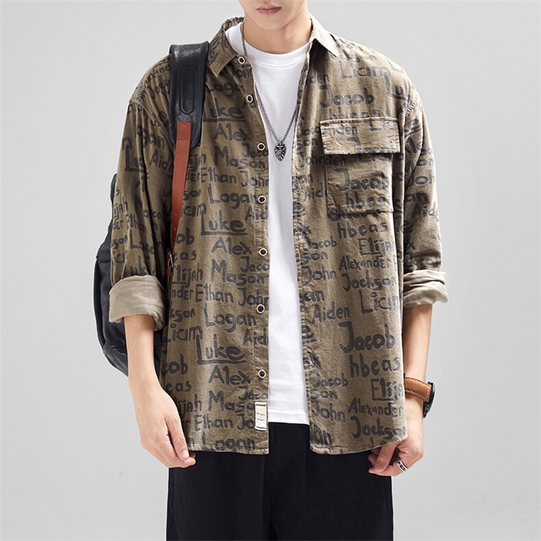 1506/QC30170/P36日系复古字母春秋季时尚棉质休闲宽松衬衣外套潮,男装衬衫,星座1506