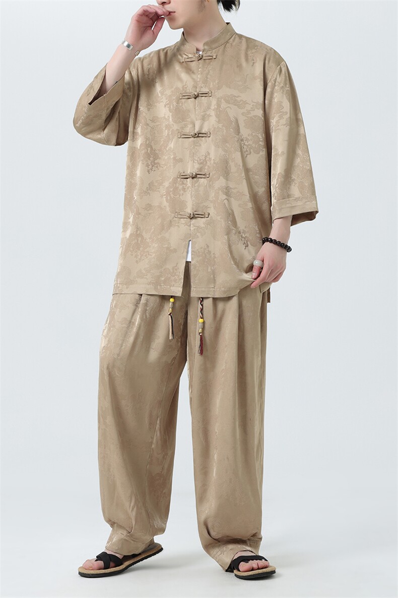 夏季新中式七分袖衬衫休闲裤子套装风男士上衣TZ100-P110,男装T恤,电商A008