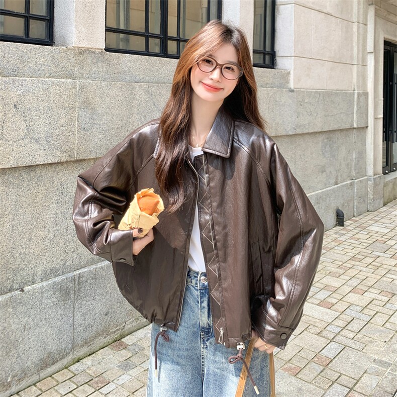 美式复古皮衣外套女2025秋季新款高级感宽松休闲百搭机车服夹克潮,女装皮衣,2D044