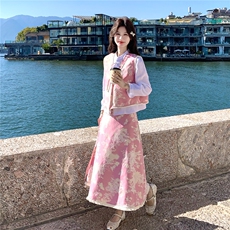 新款粉色新中式提花盘扣马甲三件套套装裙女2C282-213P215K348，女装套装/套裙，2C282