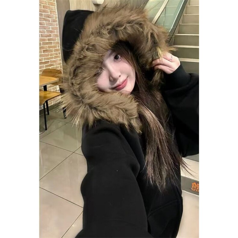 美式拉链开衫连帽卫衣女INS韩版加绒外套复古毛领 WB1505图片