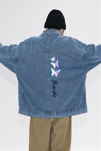 2021秋季新日系大码男镭射反光炫彩蝴蝶印花牛仔夹克外套NJ126P70图片