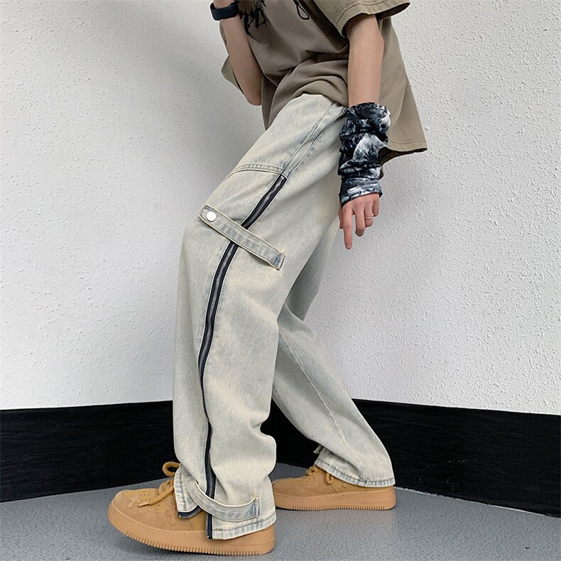 美式高街搭扣拉链牛仔裤水洗痞帅开叉裤313A-1-NZ034-P65控78,男装牛仔裤,星座808A-1
