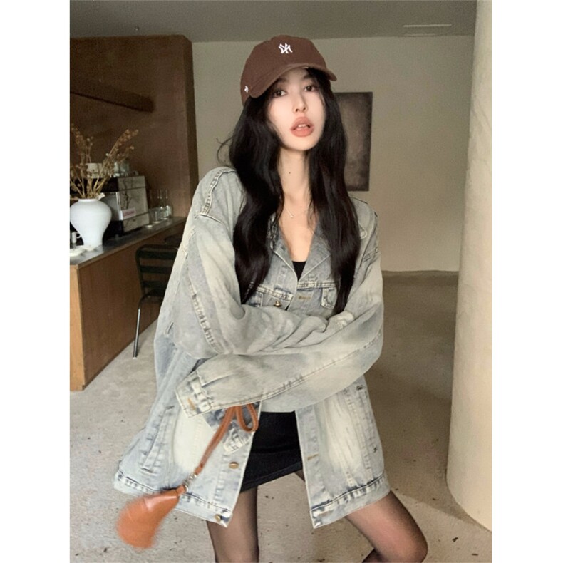 A430-P95廓形复古磨破水洗做旧蓝色牛仔外套秋冬宽松夹克上衣，男装工装外套，星座911