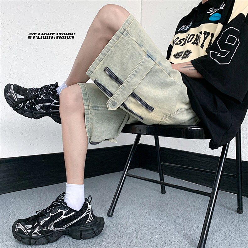B221美式ins高街设计感拉链直通五分牛仔裤LK23082-P50控68,男装牛仔裤,电商B221