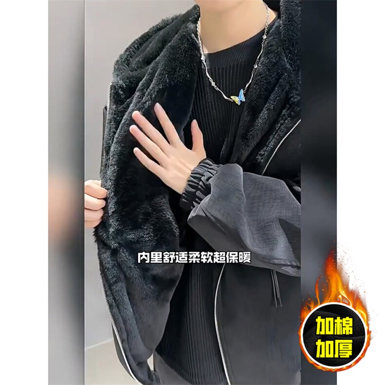 现货高品质美式高街重磅座山雕连帽pu皮棉衣男女加厚毛毛绒冬外套,男装皮衣,电商A486-1