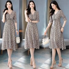 2021新款夏款小个子中长款复古V领碎花雪纺连衣裙，女装连衣裙，瑶迪依秀