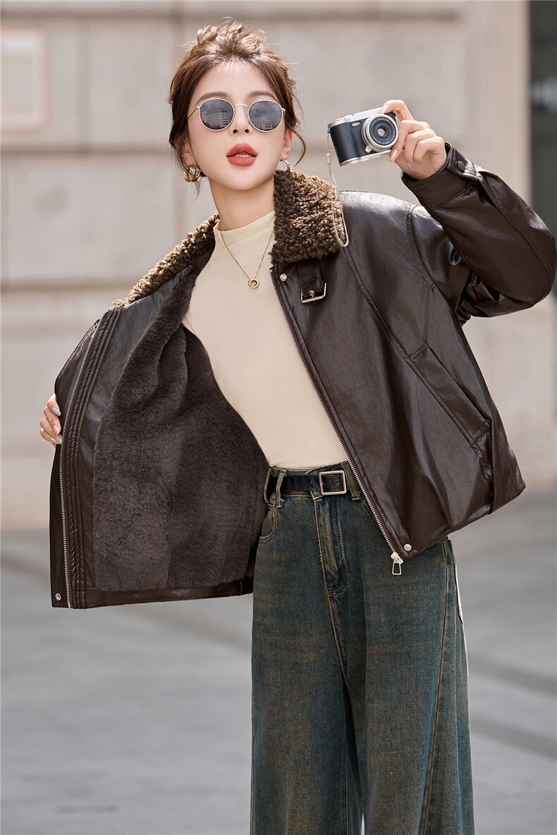 现货时尚短款皮衣女冬季新款加绒加厚皮夹克上衣,女装皮衣,英标秀（1C119）