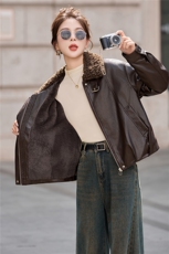 现货时尚短款皮衣女冬季新款加绒加厚皮夹克上衣，女装皮衣，英标秀（1C119）