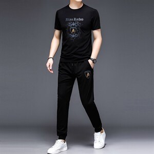 YS-X338夏季男式短袖长裤短裤三件套运动休闲套头修身T恤套装P132图片