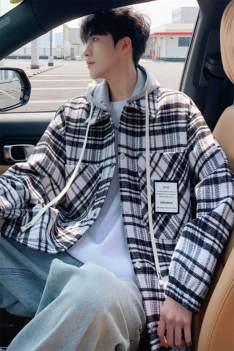 H213P65加棉P75可拆卸连帽夹克男格子宽松休闲上衣oversize外套,男装夹克,星座304A-1