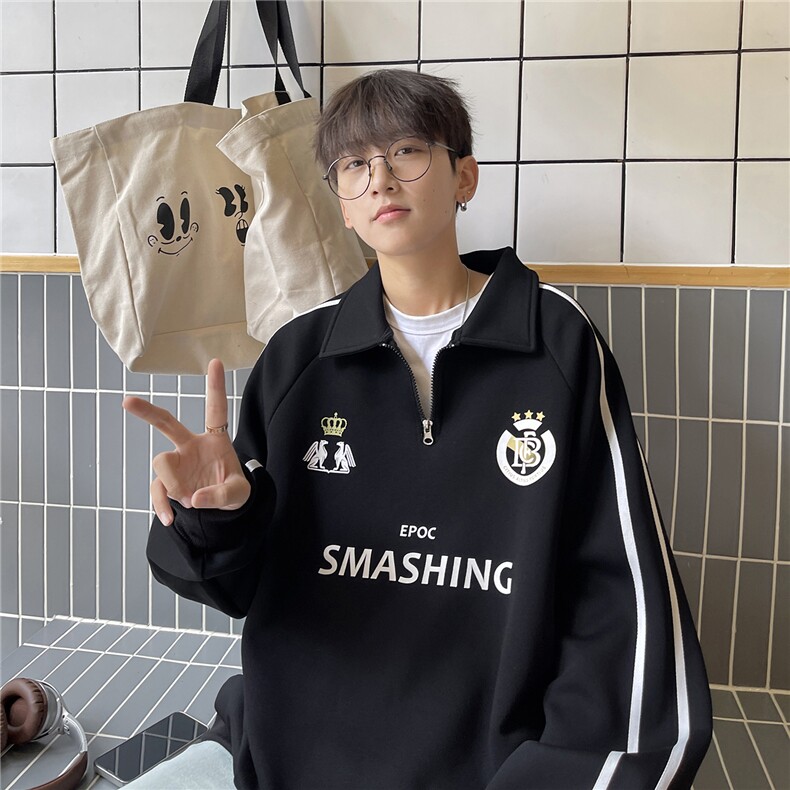 港风秋装美式拼接织带印花情侣卫衣运动翻领外套男女G1060P58，女装短外套，电商A339