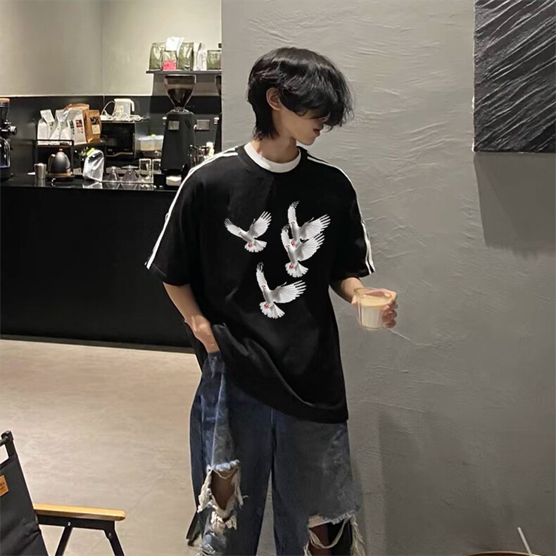 抖音得物高品质二开240克宽松纯棉美式潮牌三条杠织带短袖T恤,男装T恤,电商A486-1