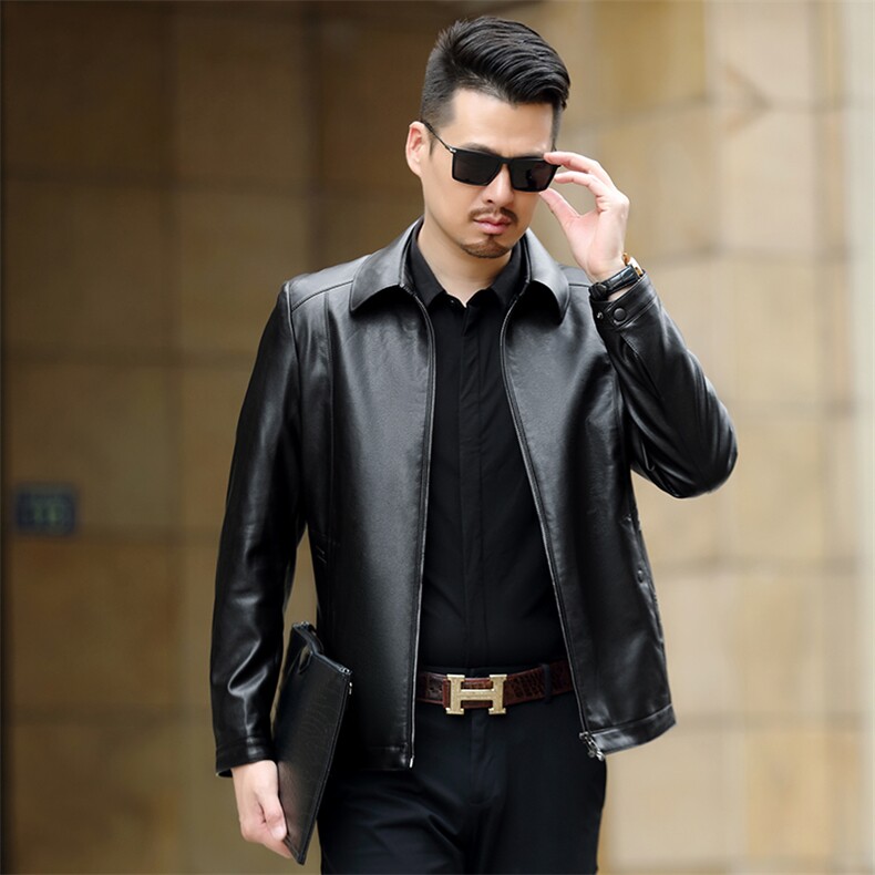翻领纯色免烫皮衣冬季新款中年爸爸装休闲冬季加厚保暖男士外套,男装皮衣,电商B212（原钱塘6029）