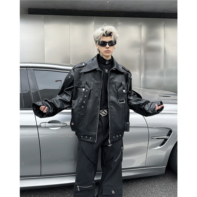美式穿搭朋克皮衣夹克解构风pu皮机车服欧美高街hiphop外套-Y8559，男装夹克，星座601-2