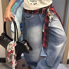 大码美式复古高街格子拼接解构水洗牛仔裤女夏高腰宽松阔腿弯刀裤，男装牛仔裤，星座506A